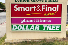 Planet Fitness channel letters on multi-tenant monument sign at Lemon Grove Plaza in Oxnard, California