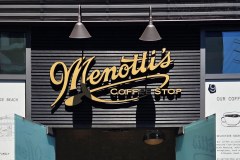 Menotti’s Coffee Stop dimensional sign - storefront in Los Angeles, California