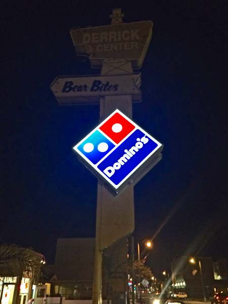 Here is a night time photo of the Domino's Pizza Sign in Ventura, CA. It's an old-time pole sign that was retrofitted with a new light box and LED illumination.