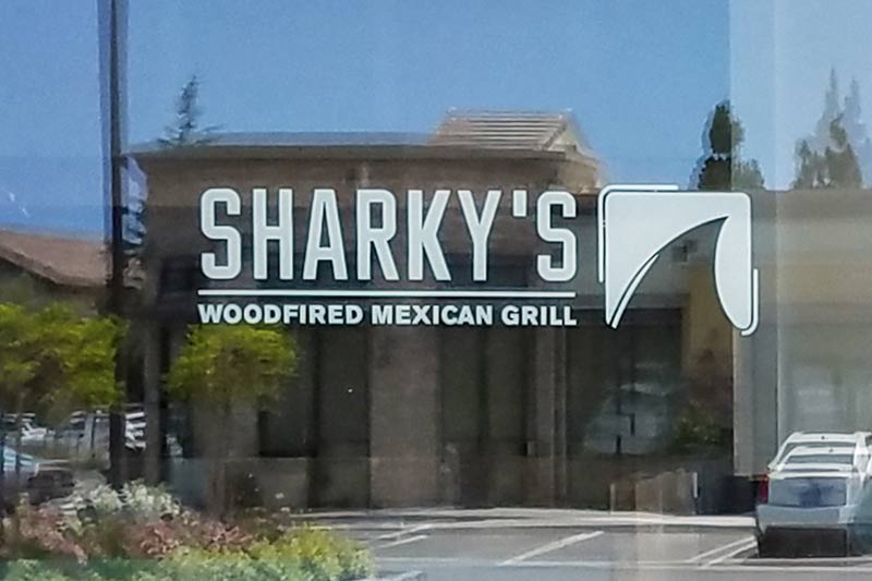 Custom Vinyl Letters - Sharky's Woodfired Mexican Grill Glass Door Sign, Goleta, CA