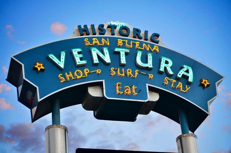 The Ventura pylon sign we designed, fabricated and installed that sits above the 101 freeway welcoming visitors.
