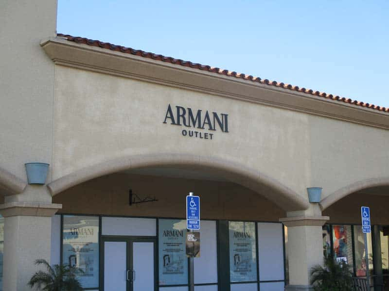 Armani Outlet storefront in the Camarillo Outlets. This dimensional letter signage is clean and elegant.