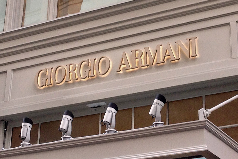 This Giorgio Armani storefront sign we did is a channel letter sign using halo lit letters located in San Francisco, CA.