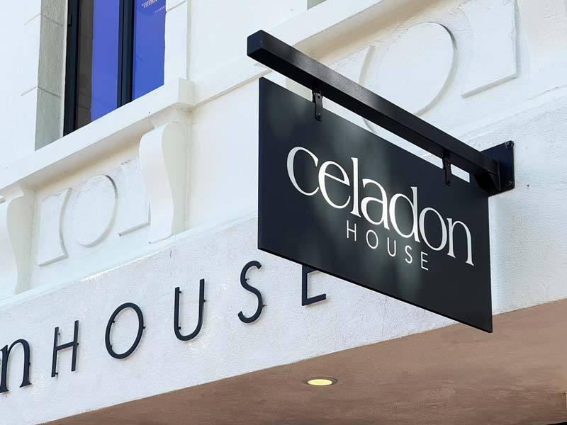 Potential customers can't miss the Celadon House storefront blade sign in downtown Santa Barbara, CA.