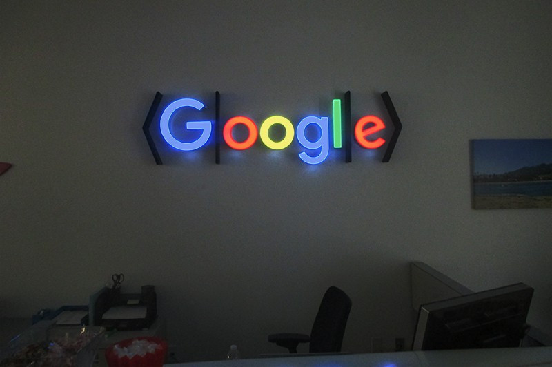 Indoor signs like this face lit channel letter sign for Google in Santa Barbara, CA use LED lights that are energy efficient 