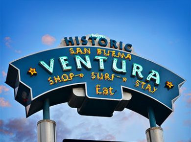 The iconic Ventura Sign is a pylon sign using neon lighting that can be seen from the 101 freeway.