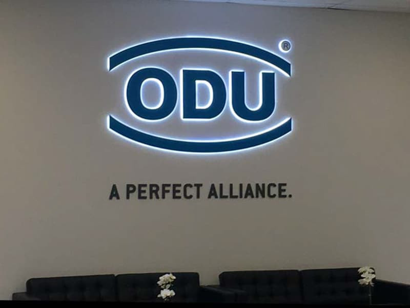 ODU office lobby sign in their Camarillo, CA location uses halo-lit channel letters with dimensional letters.