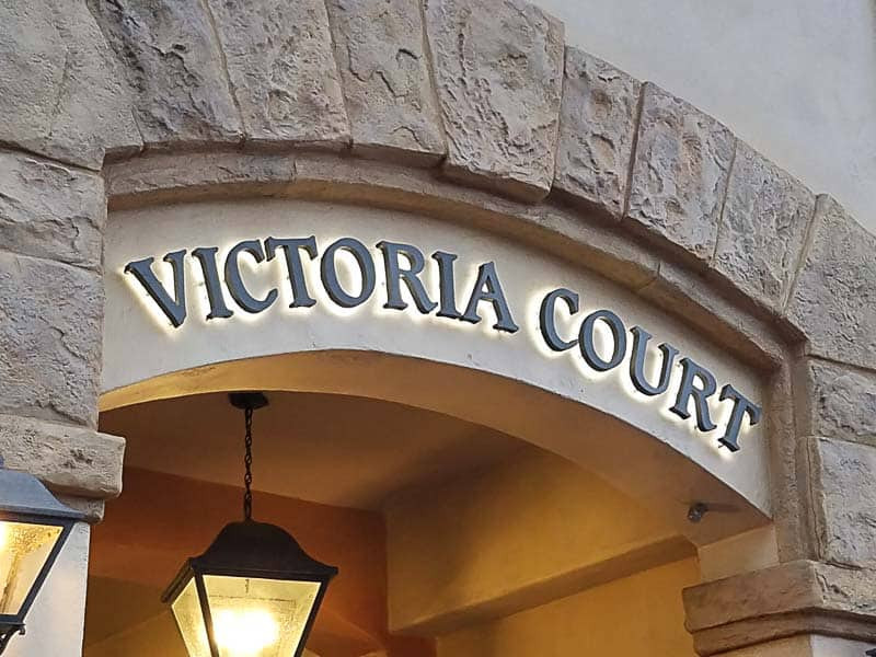 Another outdoor sign in the series for Victoria Court in downtown Santa Barbara, CA. This one uses halo-lit channel letters.