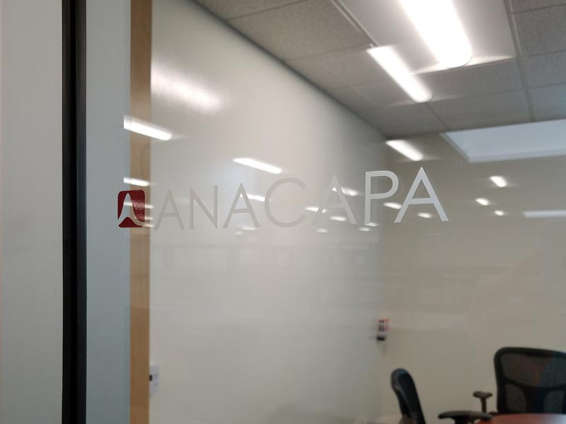 Frosted glass letters on glass are a nice choice like this one for the Anacapa Conference room.
