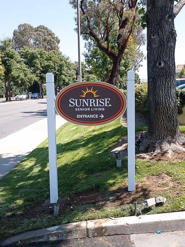 Sunrise Senior Living post and panel sign by Dave's Signs in Valencia, California.