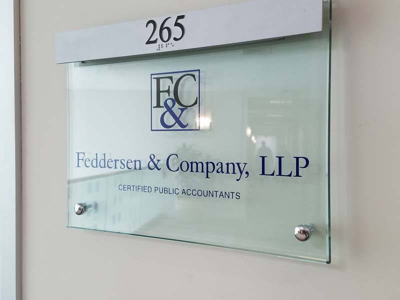 Feddersen & Company, LLP ADA compliant wall plaque in Agoura Hills, CA. Part of a sign system.
