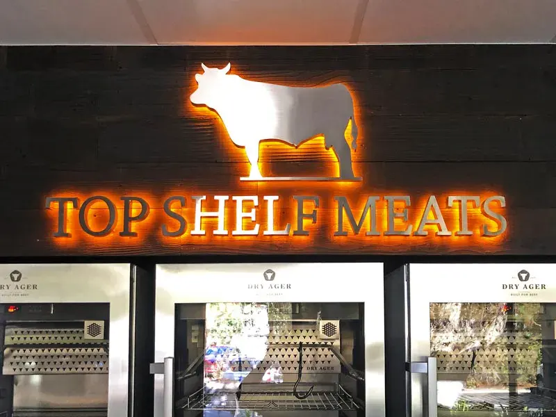 Brown’s Top Shelf Meats indoor illuminated sign, Westlake Village.