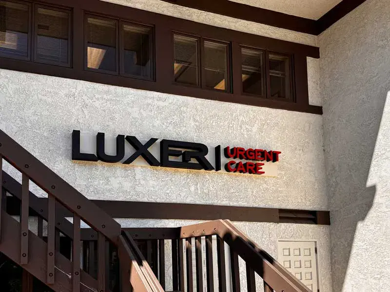Luxer Urgent Care channel letter entrance sign at North Ranch Center.