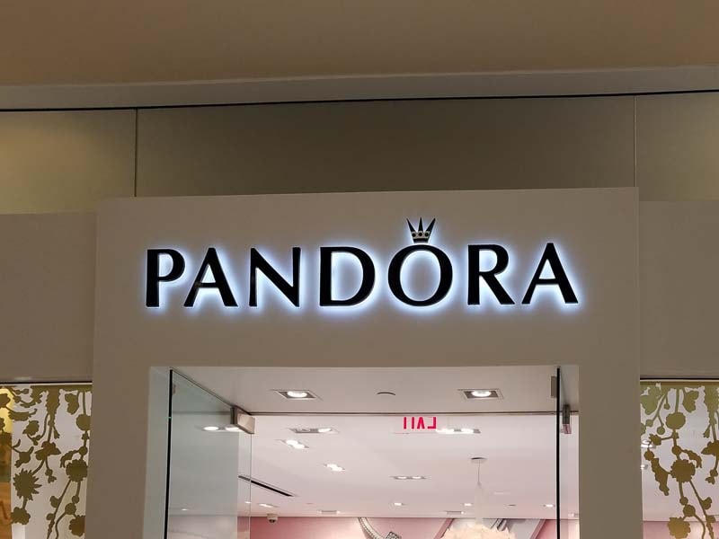 Interior halo-lit channel letter signage for Pandora in Los Angeles.