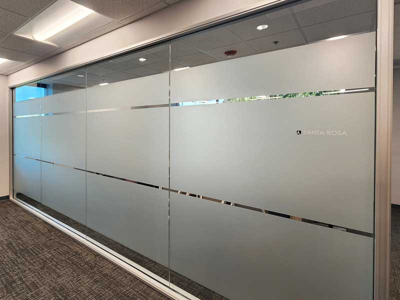 Resonant office conference room frosted glass with name sign full view by Dave's Signs.