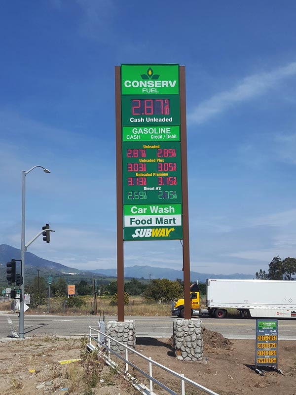 Conserv Fuel digital price display pylon sign in Santa Barbara, CA, featuring programmable LED pricing panels for maximum roadside visibility.