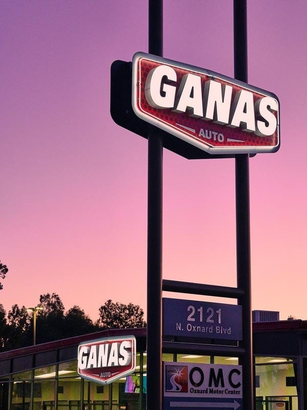 Ganas Auto illuminated pylon sign in Oxnard, CA designed for maximum roadside visibility along a high-traffic corridor.