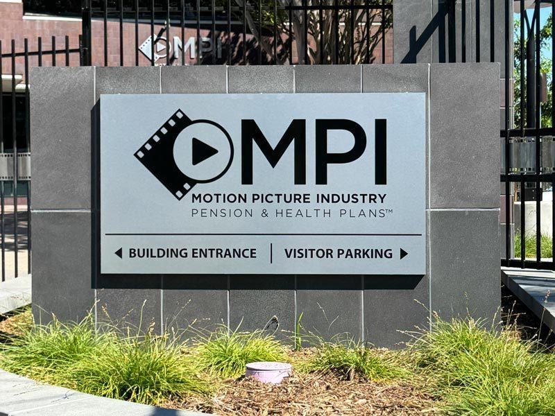 Custom exterior monument sign for Motion Picture Industry Pension in Studio City, CA—combining strong branding with clear, functional wayfinding.