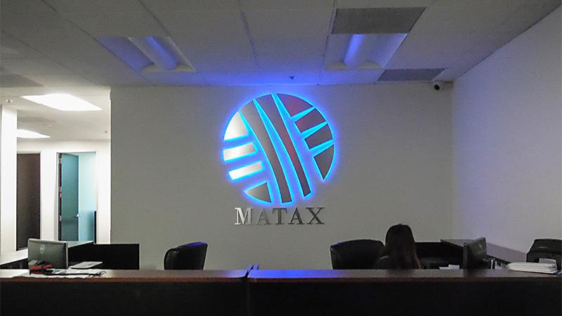 A complete office signage solution for Matax in Los Angeles—this illuminated lobby sign delivers a bold, on-brand statement at the point of entry.