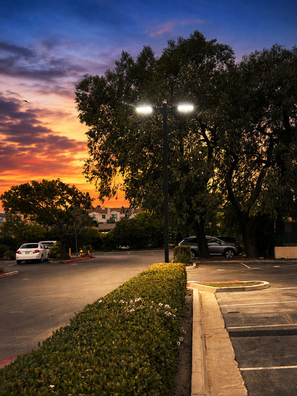 LED parking lot lighting illuminating a commercial parking area at sunset in Southern California.