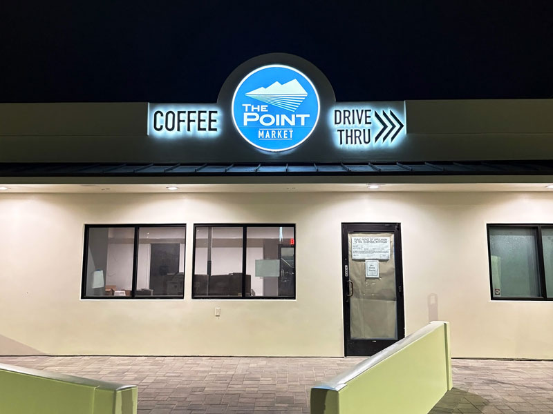 LED illuminated storefront and drive-thru signage for The Point Market in Goleta, California by Dave’s Signs