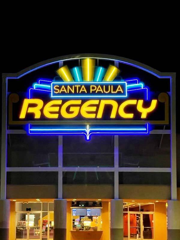 LED illuminated Regency Theatre sign in Santa Paula, California by Dave’s Signs