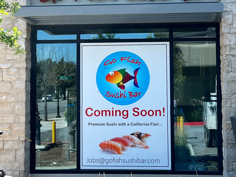 Coming-soon window graphic featuring the Go Fish Sushi Bar logo, sushi photography, and opening announcement in Thousand Oaks, CA.